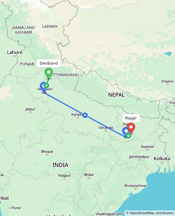 Route map showing distance and travel time from Deoband, India to Rajgir, India