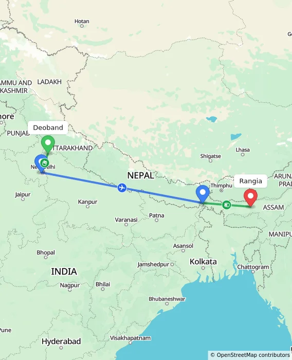 Route map showing distance and travel time from Deoband, India to Rangia, India