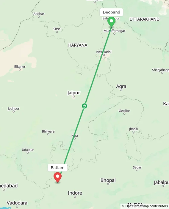 Route map showing distance and travel time from Deoband, India to Ratlam, India