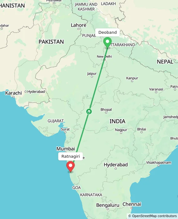 Route map showing distance and travel time from Deoband, India to Ratnagiri, India