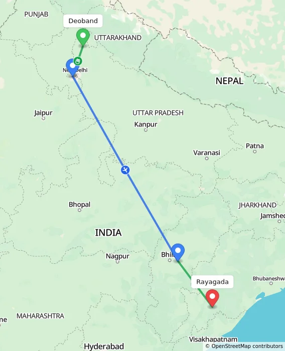 Route map showing distance and travel time from Deoband, India to Rayagada, India