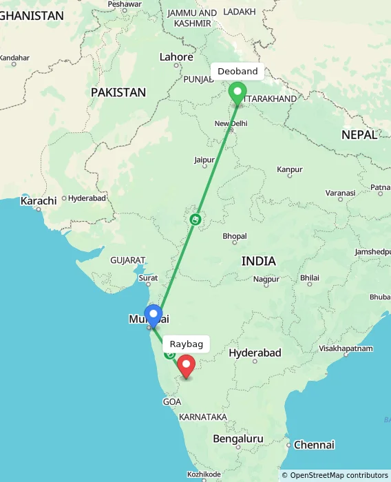 Route map showing distance and travel time from Deoband, India to Raybag, India