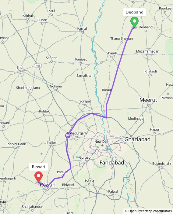 Route map showing distance and travel time from Deoband, India to Rewari, India