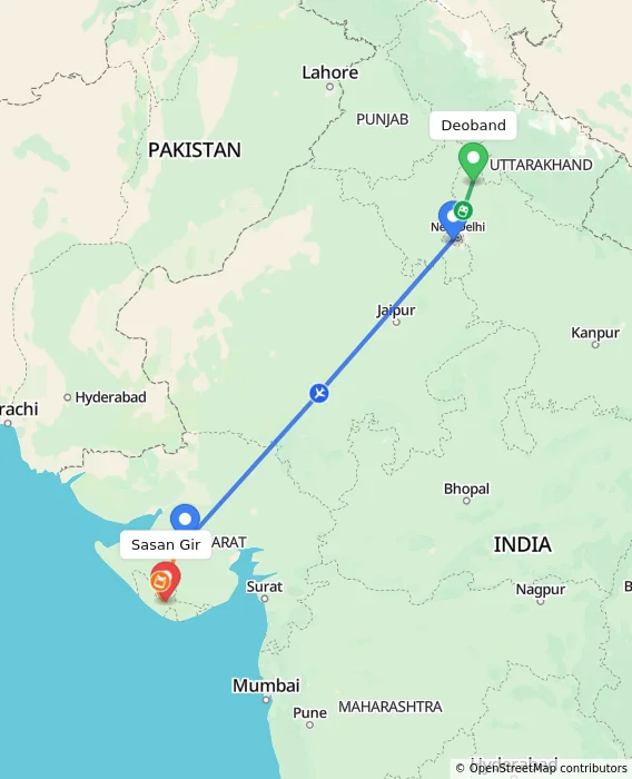 Route map showing distance and travel time from Deoband, India to Sasan Gir, India
