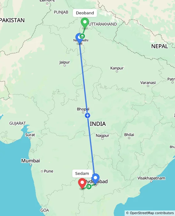 Route map showing distance and travel time from Deoband, India to Sedam, India