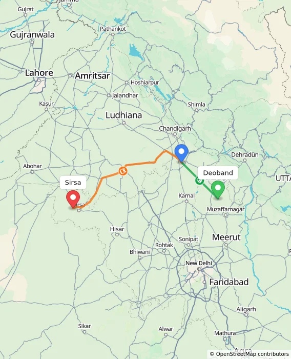 Route map showing distance and travel time from Deoband, India to Sirsa, India