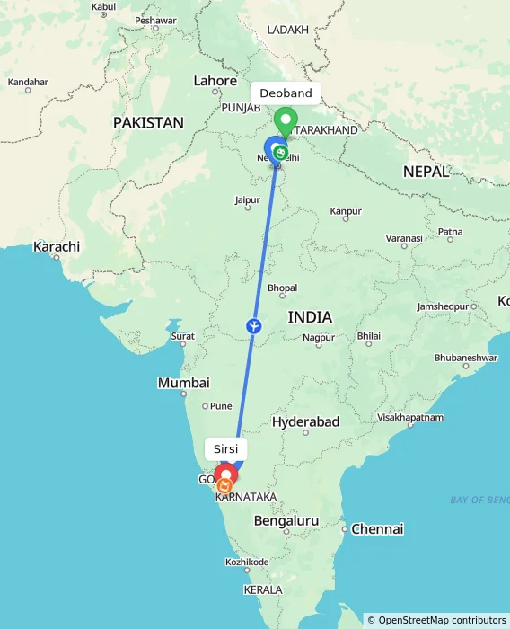 Route map showing distance and travel time from Deoband, India to Sirsi, India