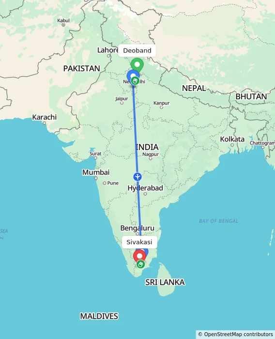 Route map showing distance and travel time from Deoband, India to Sivakasi, India