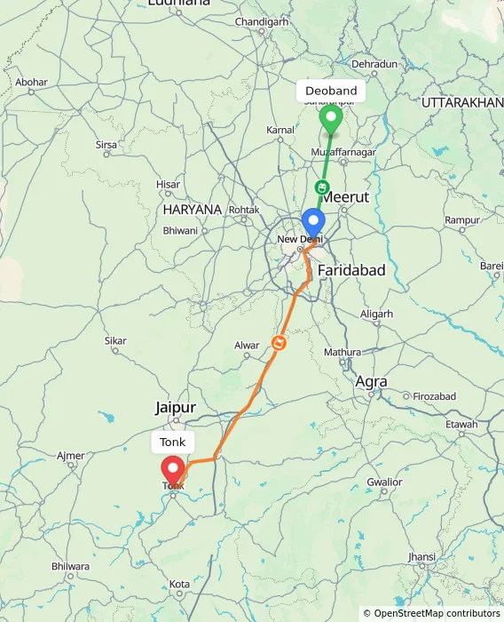 Route map showing distance and travel time from Deoband, India to Tonk, India