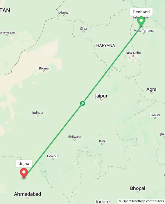 Route map showing distance and travel time from Deoband, India to Unjha, India