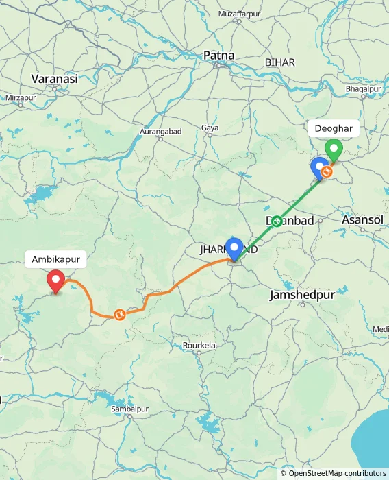 Route map showing distance and travel time from Deoghar, India to Ambikapur, India