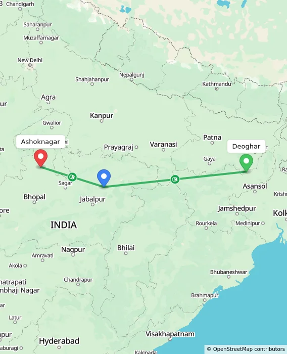 Route map showing distance and travel time from Deoghar, India to Ashoknagar, India