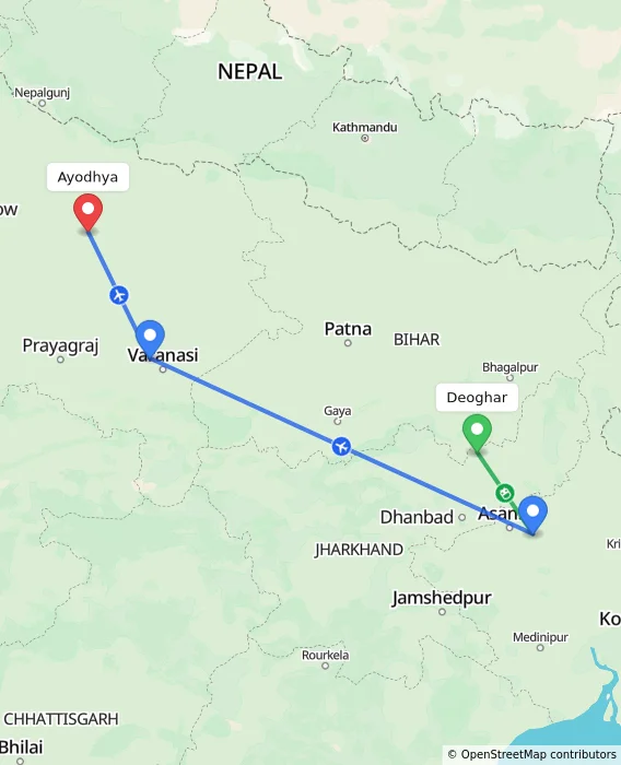 Route map showing distance and travel time from Deoghar, India to Ayodhya, India