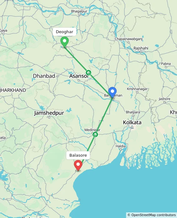 Route map showing distance and travel time from Deoghar, India to Balasore, India