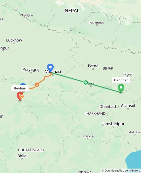 Route map showing distance and travel time from Deoghar, India to Beohari, India