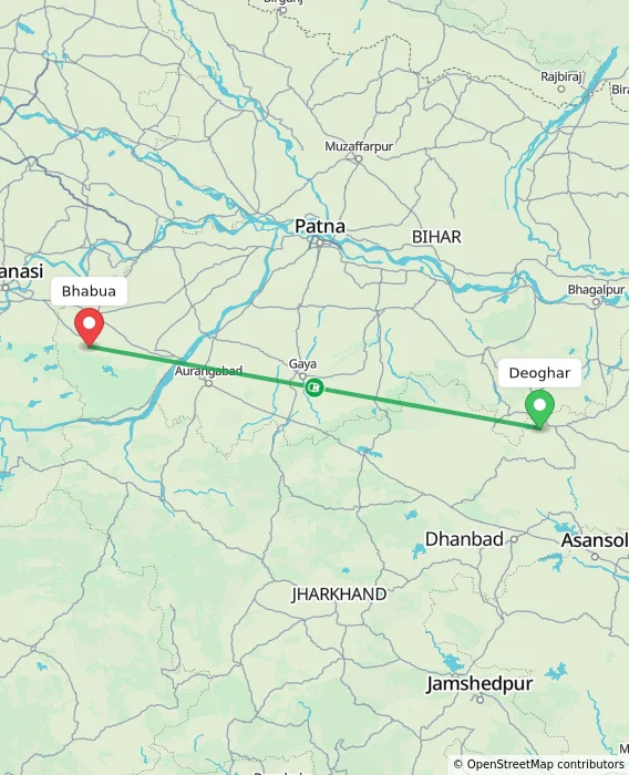 Route map showing distance and travel time from Deoghar, India to Bhabua, India