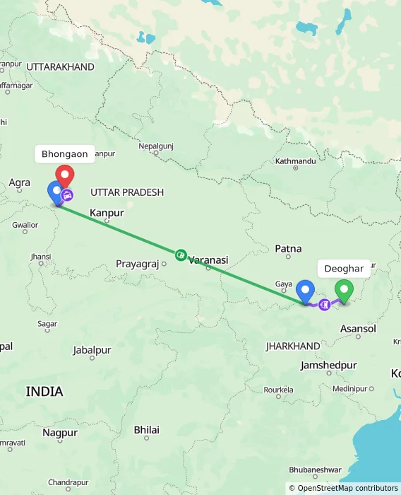 Route map showing distance and travel time from Deoghar, India to Bhongaon, India