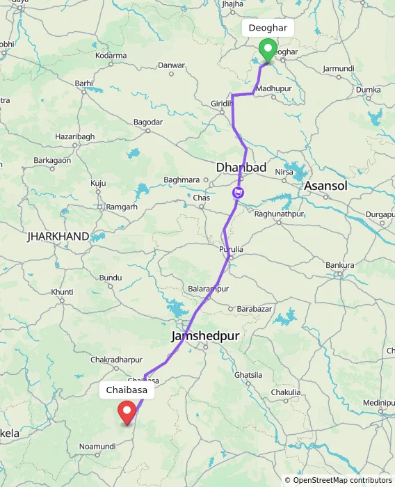 Route map showing distance and travel time from Deoghar, India to Chaibasa, India