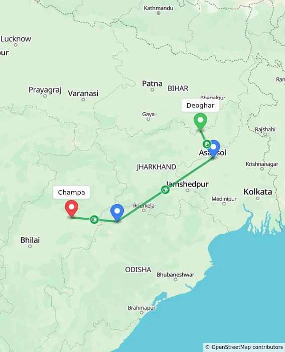 Route map showing distance and travel time from Deoghar, India to Champa, India