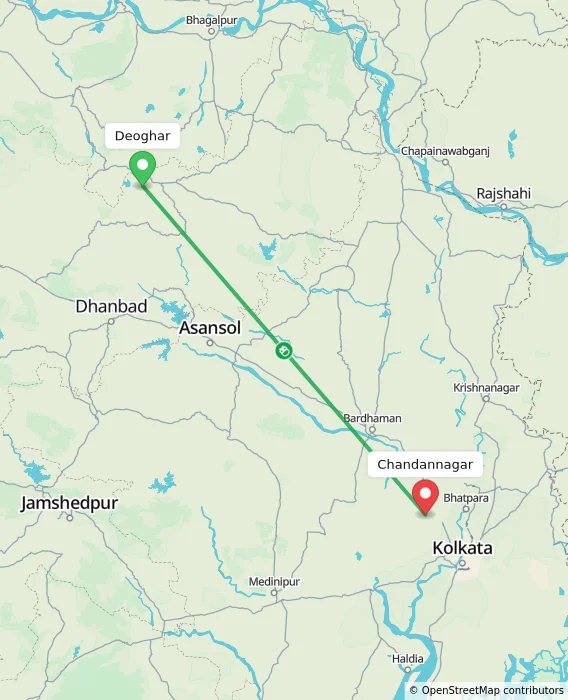 Route map showing distance and travel time from Deoghar, India to Chandannagar, India