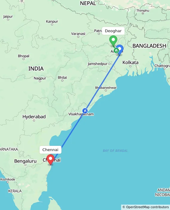 Route map showing distance and travel time from Deoghar, India to Chennai, India