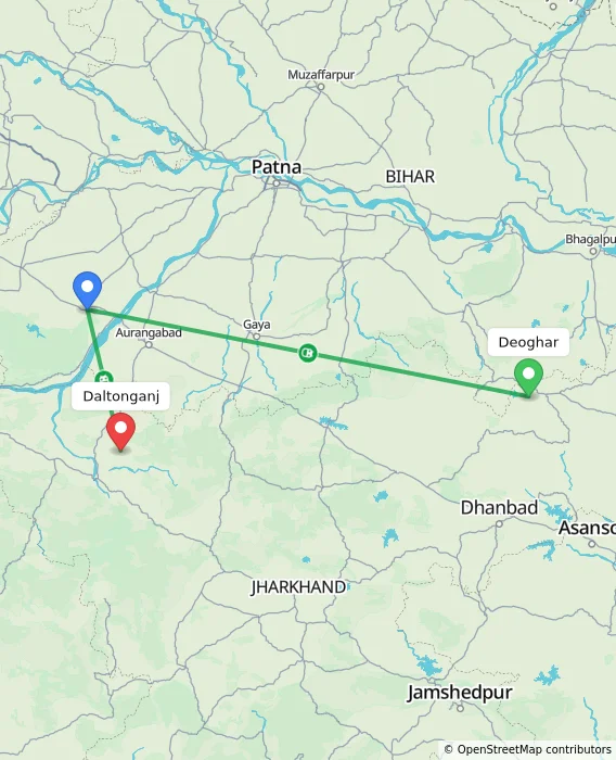 Route map showing distance and travel time from Deoghar, India to Daltonganj, India
