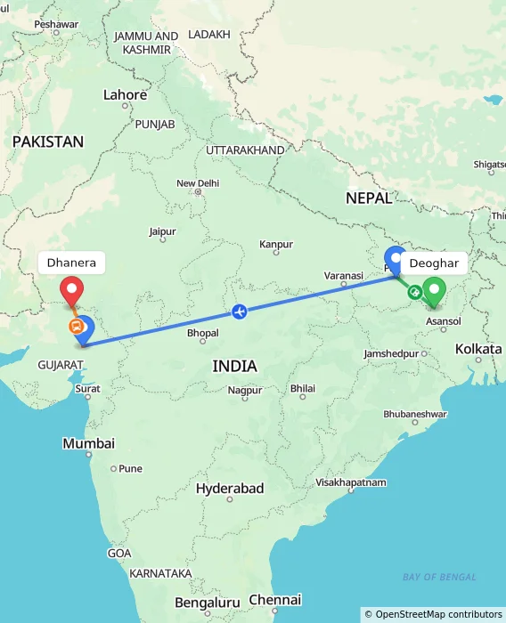 Route map showing distance and travel time from Deoghar, India to Dhanera, India