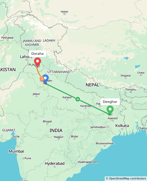 Route map showing distance and travel time from Deoghar, India to Doraha, India