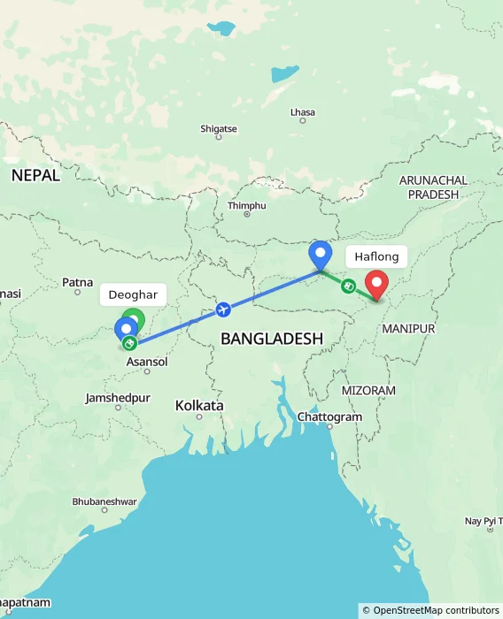 Route map showing distance and travel time from Deoghar, India to Haflong, India