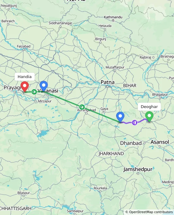 Route map showing distance and travel time from Deoghar, India to Handia, India