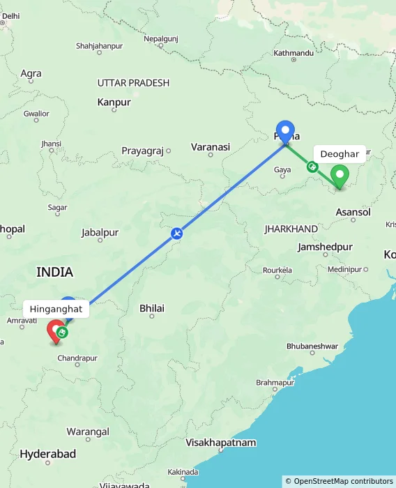 Route map showing distance and travel time from Deoghar, India to Hinganghat, India