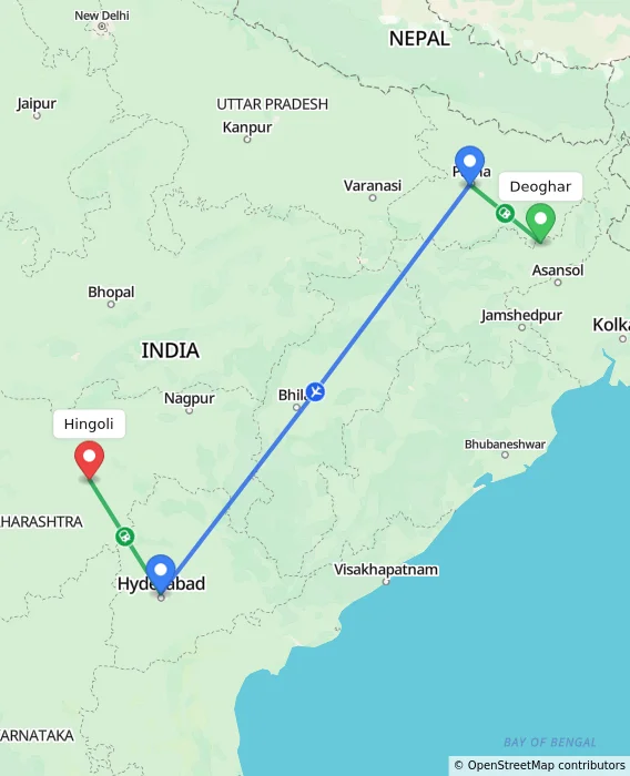 Route map showing distance and travel time from Deoghar, India to Hingoli, India