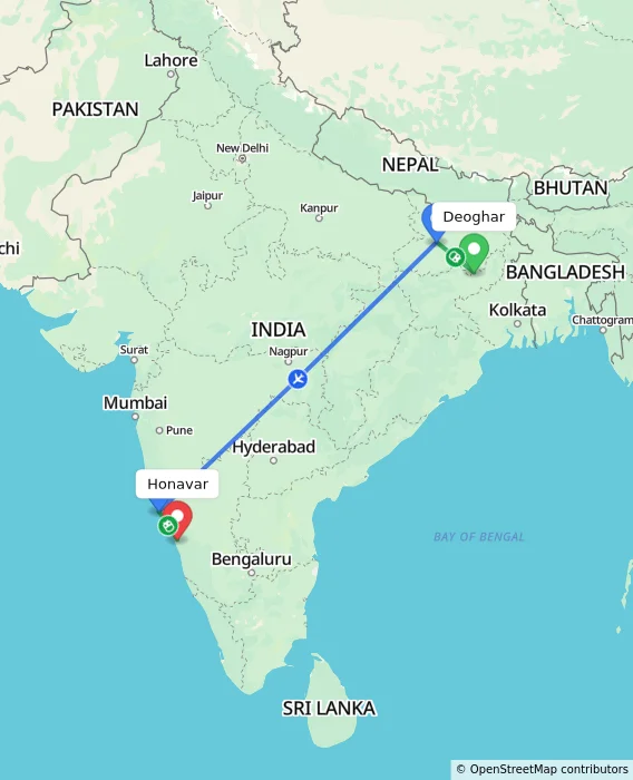 Route map showing distance and travel time from Deoghar, India to Honavar, India