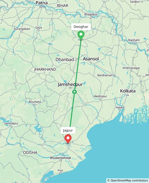 Route map showing distance and travel time from Deoghar, India to Jajpur, India