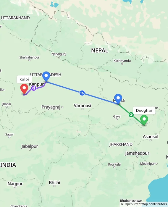 Route map showing distance and travel time from Deoghar, India to Kalpi, India