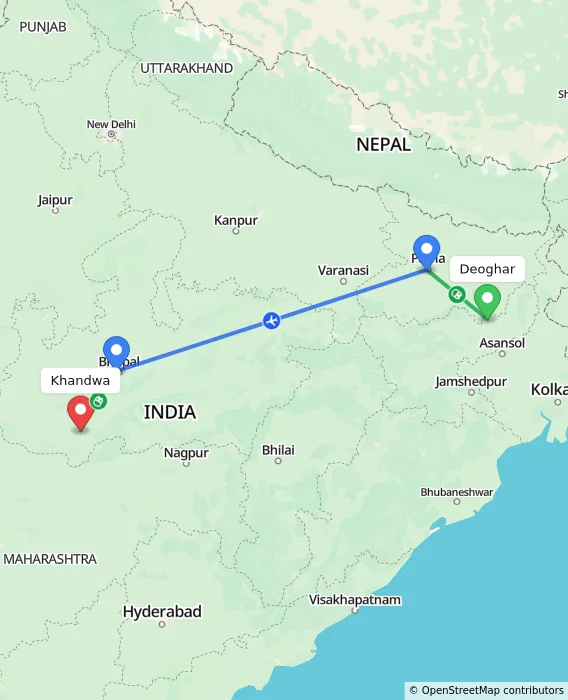 Route map showing distance and travel time from Deoghar, India to Khandwa, India