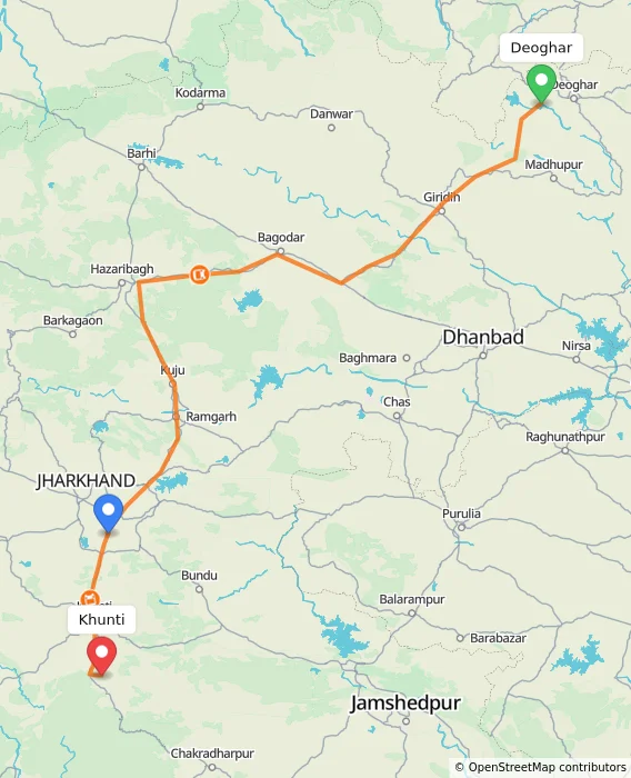 Route map showing distance and travel time from Deoghar, India to Khunti, India