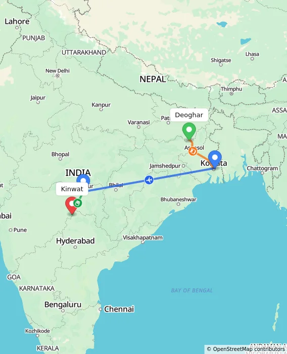 Route map showing distance and travel time from Deoghar, India to Kinwat, India
