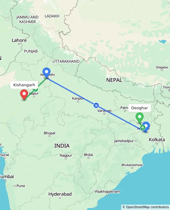 Route map showing distance and travel time from Deoghar, India to Kishangarh, India