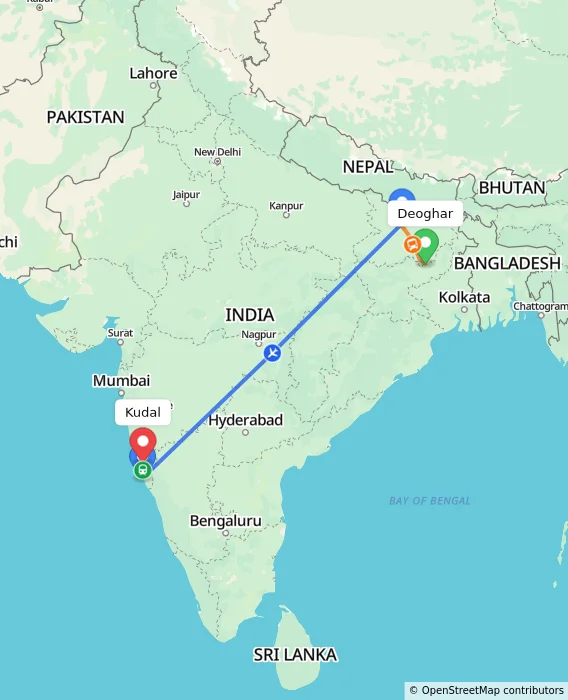 Route map showing distance and travel time from Deoghar, India to Kudal, India
