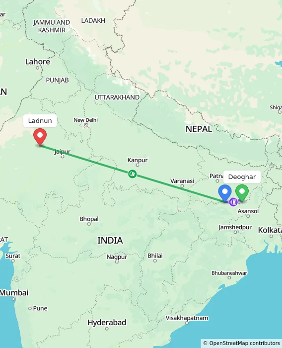 Route map showing distance and travel time from Deoghar, India to Ladnun, India