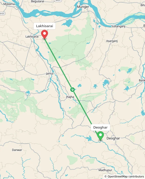 Route map showing distance and travel time from Deoghar, India to Lakhisarai, India