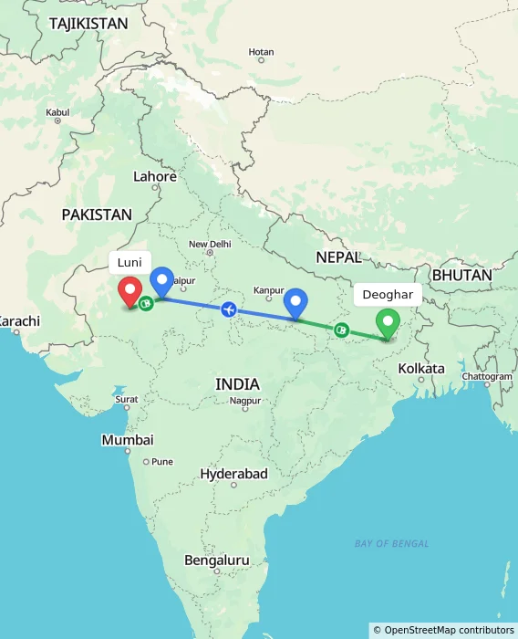 Route map showing distance and travel time from Deoghar, India to Luni, India