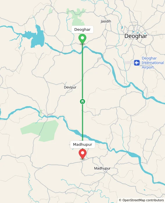 Route map showing distance and travel time from Deoghar, India to Madhupur, India