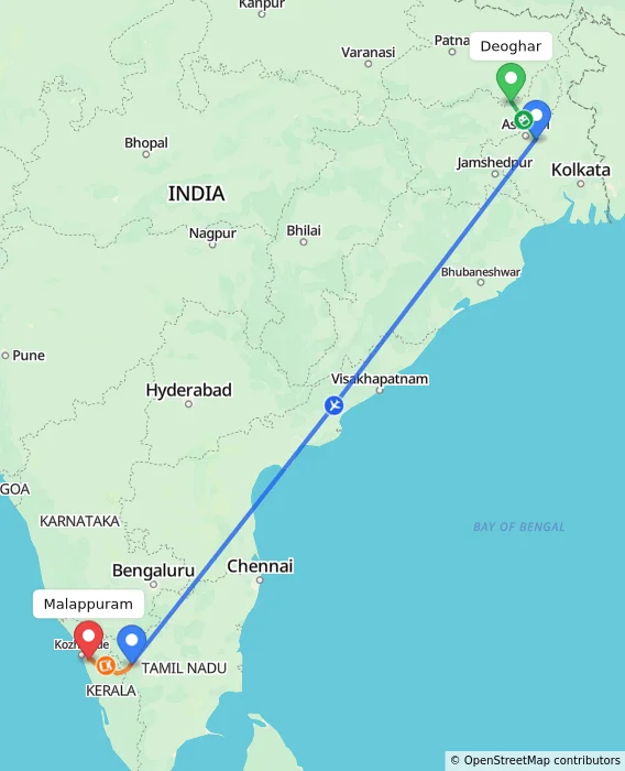 Route map showing distance and travel time from Deoghar, India to Malappuram, India