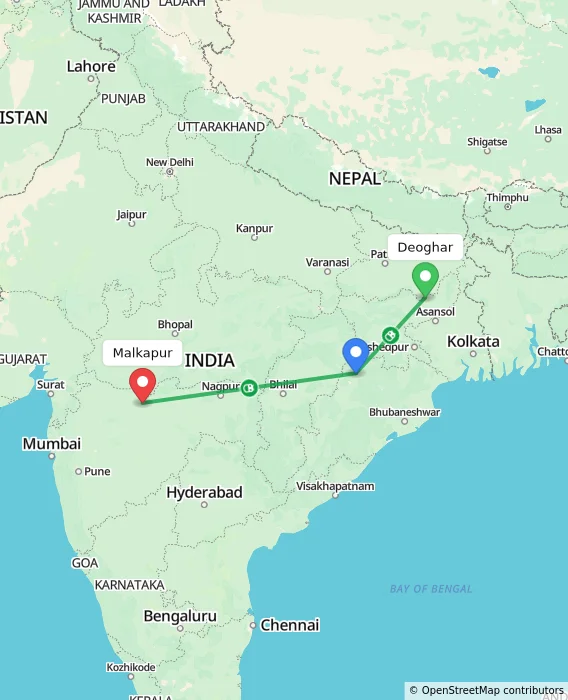 Route map showing distance and travel time from Deoghar, India to Malkapur, India
