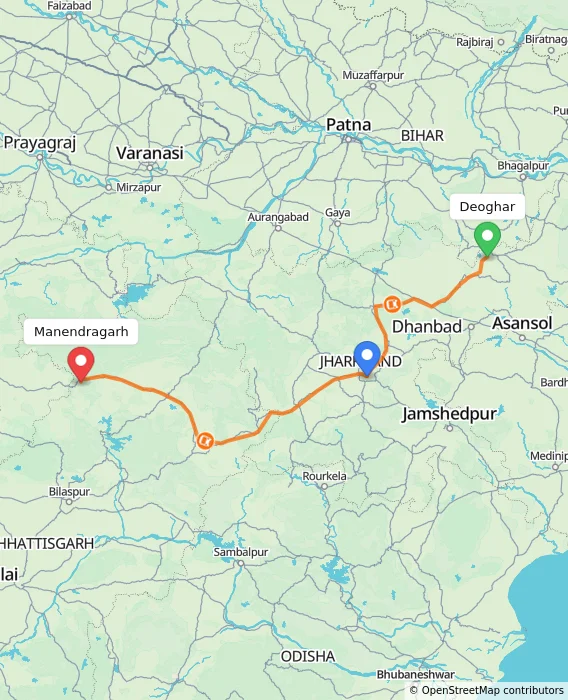 Route map showing distance and travel time from Deoghar, India to Manendragarh, India