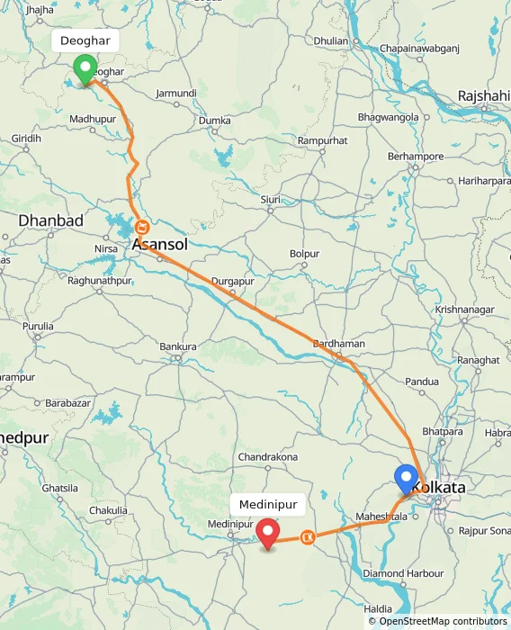 Route map showing distance and travel time from Deoghar, India to Medinipur, India