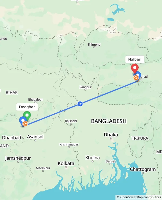 Route map showing distance and travel time from Deoghar, India to Nalbari, India