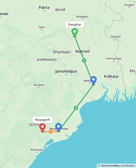 Route map showing distance and travel time from Deoghar, India to Nayagarh, India